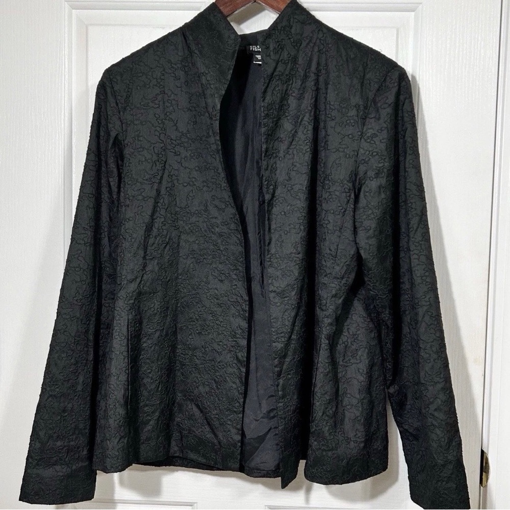 EILEEN FISHER 100% Silk Embroidered Jacket Black Open Front Blazer Med Luxury